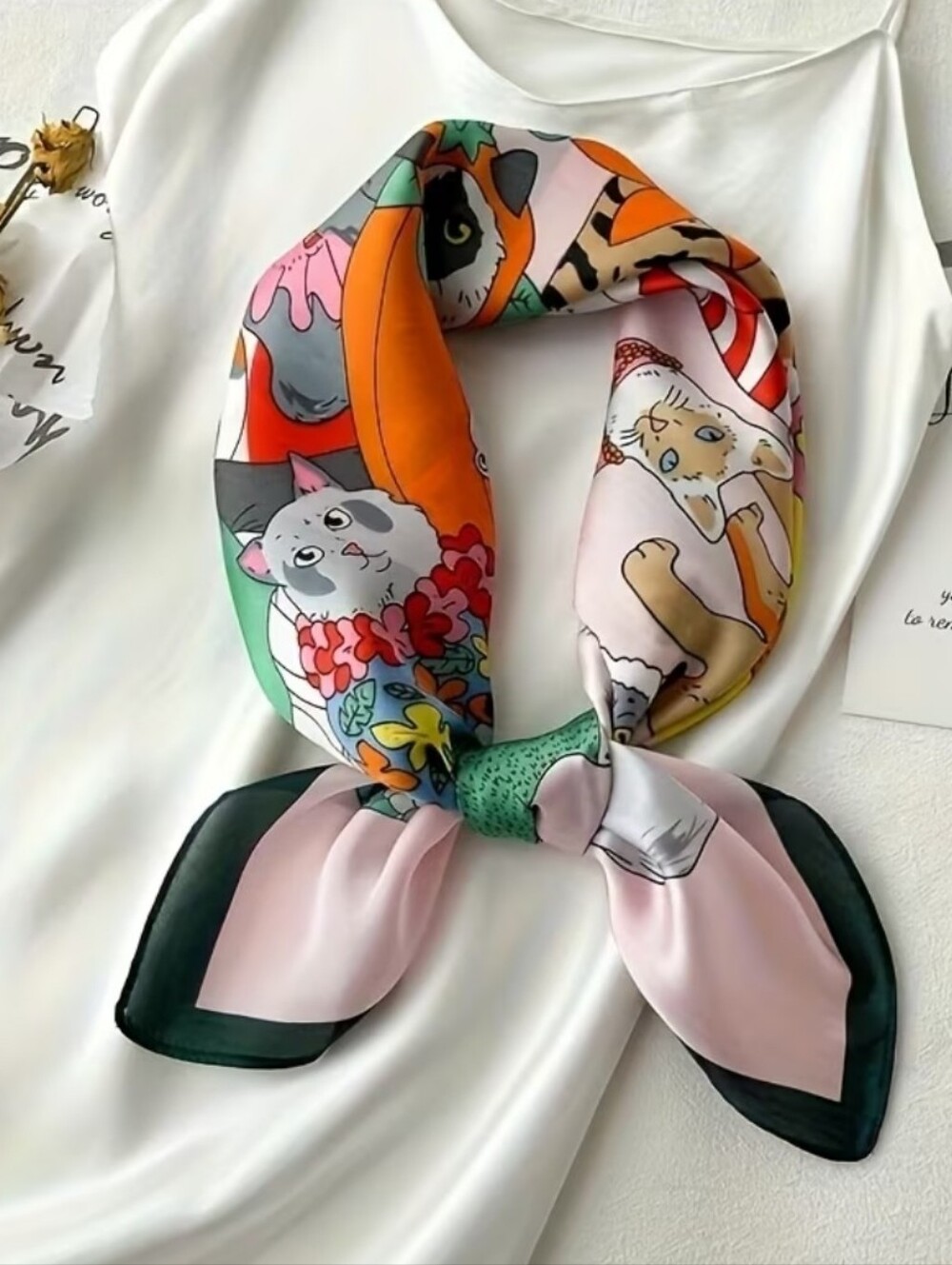 Cute Cat Print Square Scarf - Pink & Multicolor - Picture 3 of 3